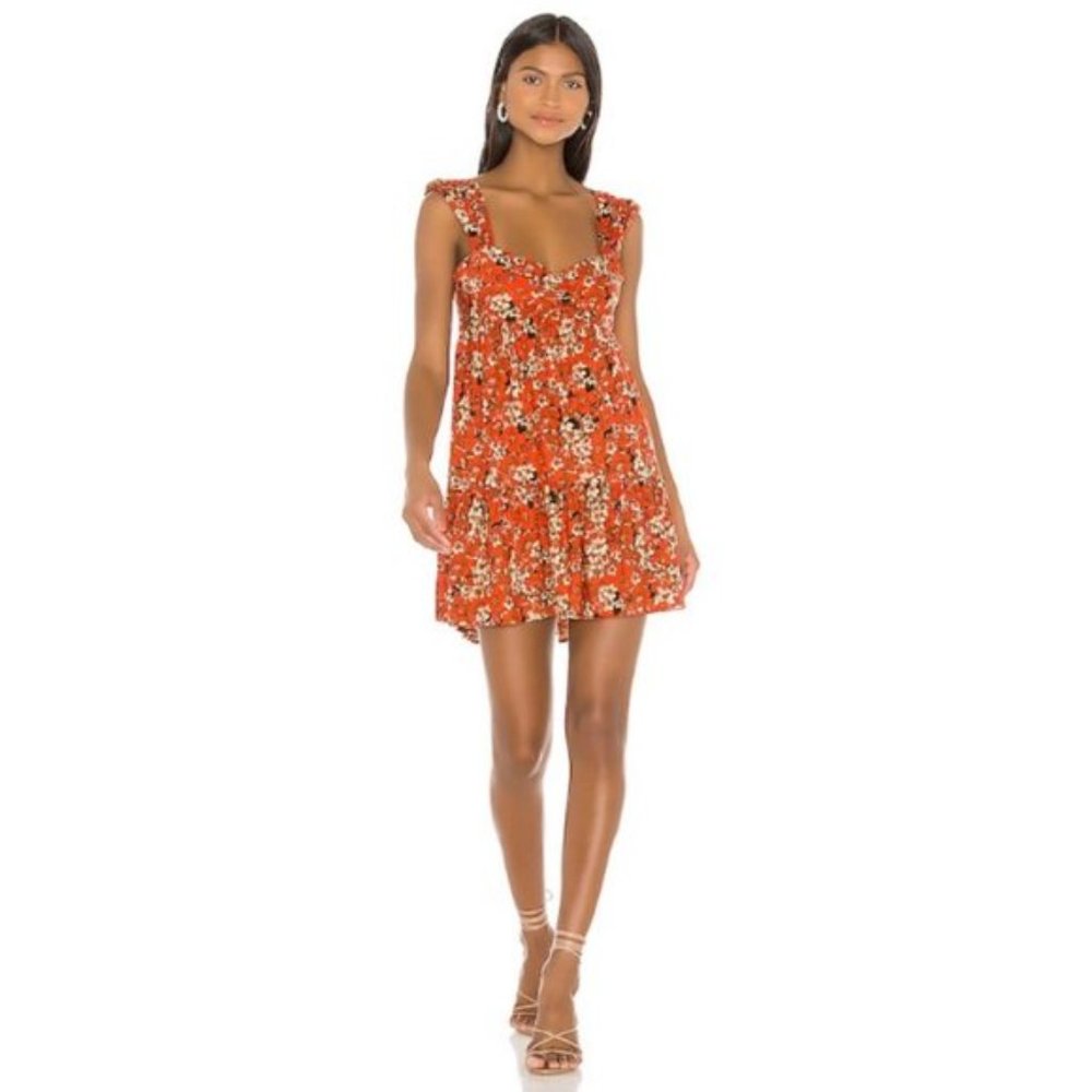 Free People Pattern Play Orange Boho Floral Babydoll Sweetheart Neck Mini Dress